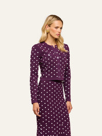 Side view of the buttoned L'AGENCE Kota Jacquard Cardigan in Dark Plum/Ivory Polka Dot
