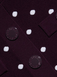 Close-up of the logo buttons and polka dot knit on the L'AGENCE Kota Jacquard Cardigan in Dark Plum
