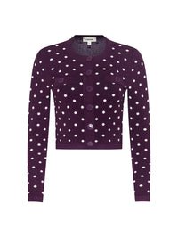 Flat lay of the L'AGENCE Kota Jacquard Cardigan in Dark Plum/Ivory Polka Dot with welt pockets