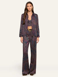 Full-length front view of the L'AGENCE Livvy Trouser in Midnight Multi Lux Paisley styled with a matching shirt