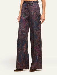 Three-quarter view of the L'AGENCE Livvy Trouser in Midnight Multi Lux Paisley with a full straight leg