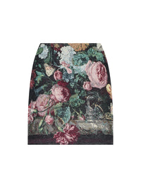 Flat lay of the L'AGENCE Marseille Mini Skirt in Black Multi Rose Vase Tapestry jacquard