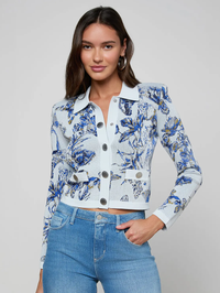 L'AGENCE Osiris Jacquard Cardigan in GREY WATERCOLOR BUTTERFLIES – Image 1