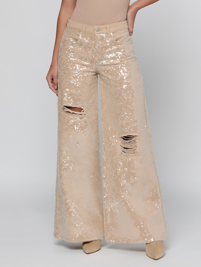 Quincy High Rise Wide Leg Sequins Pant in Light Almond
