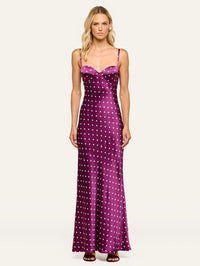 Front view of the L'AGENCE Sayla silk maxi dress in Dark Plum/Ivory Polka Dot on a model