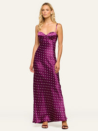 Angled front view of the L'AGENCE Sayla silk gown in Dark Plum/Ivory Polka Dot with underwire cups