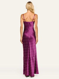 Back view of the L'AGENCE Sayla silk gown in Dark Plum/Ivory Polka Dot with adjustable straps