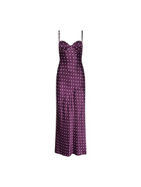 Flat lay of the L'AGENCE Sayla silk maxi dress in Dark Plum/Ivory Polka Dot on white