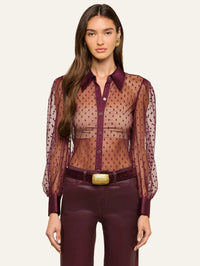 Front view of the L'AGENCE Sophie Swiss Dot Blouse in Deep Sangria, sheer with a satin collar and cuffs
