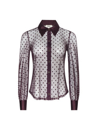 Flat lay of the L'AGENCE Sophie Swiss Dot Blouse in Deep Sangria with collar, placket and cuffs