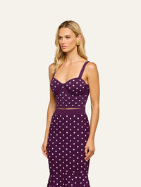 Three-quarter view of the L'AGENCE Tula Knit Bra Top in Dark Plum/Ivory Polka Dot showing the underwire cups