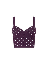 Flat lay of the L'AGENCE Tula Knit Bra Top in Dark Plum/Ivory Polka Dot with sweetheart underwire cups