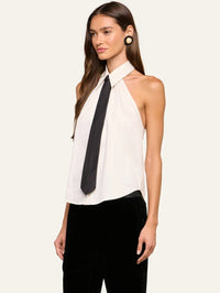 Side angle of the untucked L'AGENCE Wren Neck-Tie Top in White/Black with the tie falling free
