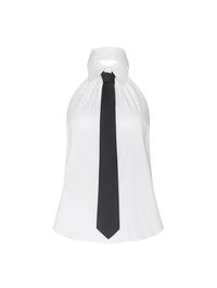 Flat lay of the L'AGENCE Wren Neck-Tie Top in White/Black showing the collar, halter shape and black tie
