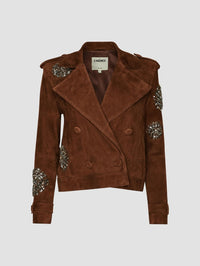 Front view of the L'AGENCE Xoey Crystal Cropped Trench in Walnut suede with crystal medallions and notch lapels.