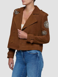 Side view of the L'AGENCE Xoey Crystal Cropped Trench in Walnut showing crystal medallions on the sleeve.