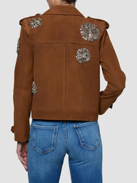 Back view of the L'AGENCE Xoey Crystal Cropped Trench in Walnut with crystal medallions across the upper back.