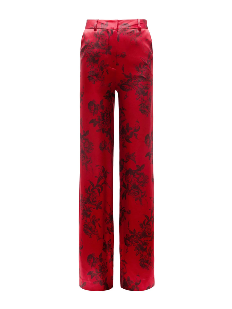 Burgundy Painterly Floral Pilar Silk Wide-Leg Pant