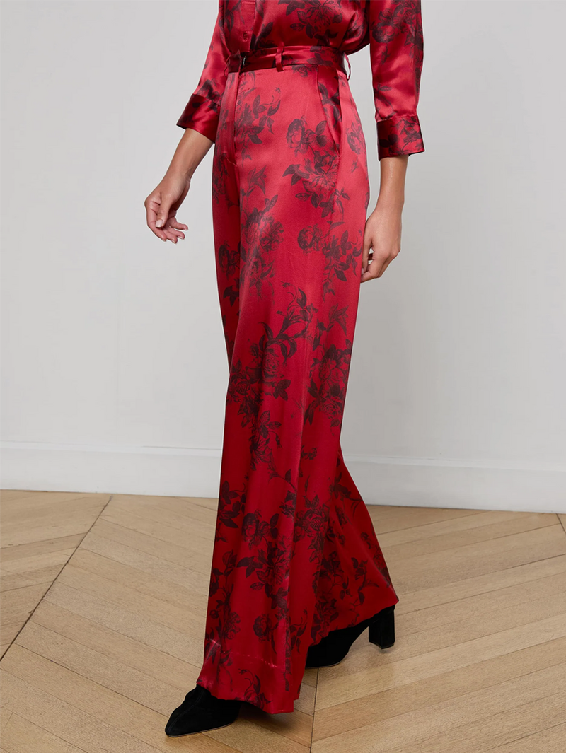 Burgundy Painterly Floral Pilar Silk Wide-Leg Pant