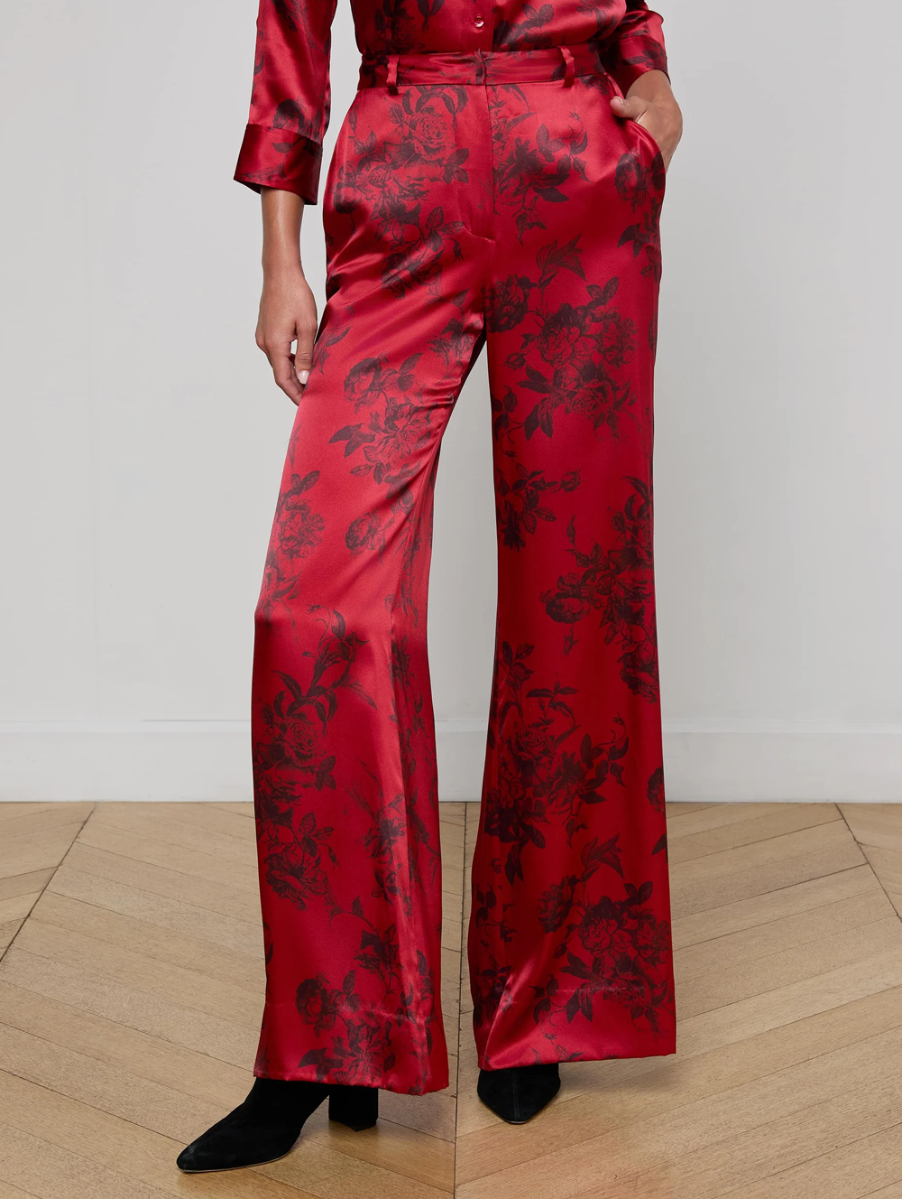 Burgundy Painterly Floral Pilar Silk Wide-Leg Pant