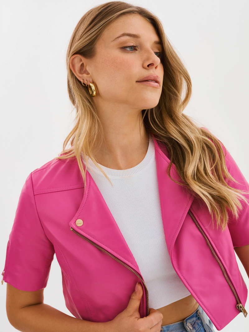 Kirsi Cropped Biker Jacket in Super Pink