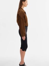 Full-length side view of the LAMARQUE Anita Suede Bomber Jacket in Brown showing the cropped length.