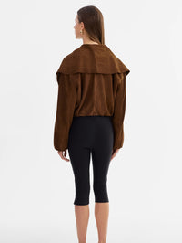 Full-length back view of the LAMARQUE Anita Suede Bomber Jacket in Brown with the open collar.