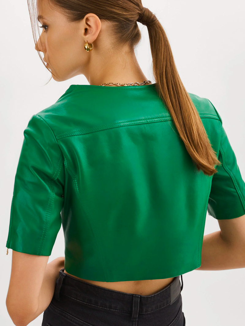 Kirsi Cropped Leather Jacket in Vibrant Green