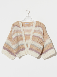 Alpaca Short Sleeve Mixed Stripes Cardigan in Creme Beige