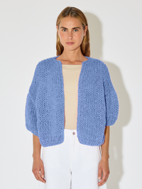 Alpaca Short Sleeve Bomber Cardigan in Powder Blue