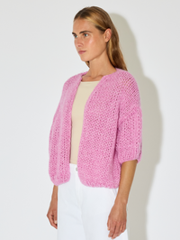 Alpaca Short Sleeve Bomber Cardigan in Pink Melange