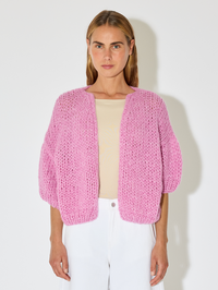Alpaca Short Sleeve Bomber Cardigan in Pink Melange