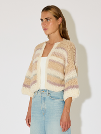 Alpaca Short Sleeve Mixed Stripes Cardigan in Creme Beige