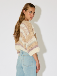 Alpaca Short Sleeve Mixed Stripes Cardigan in Creme Beige