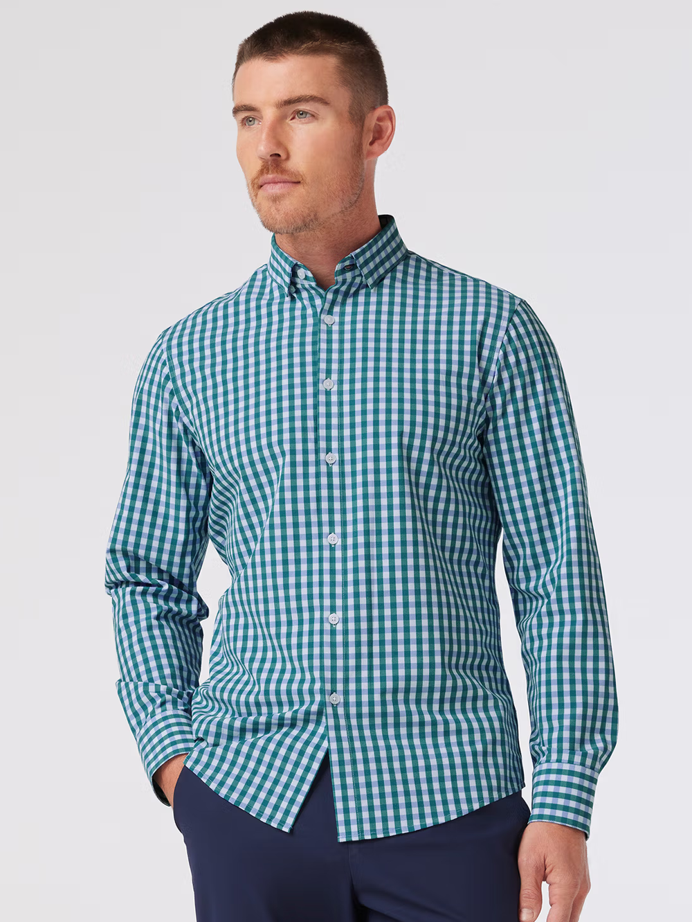 Leeward No Tuck Dress Shirt in Teal Madison Check