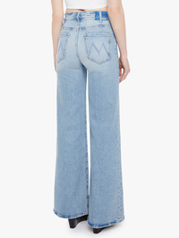 Back view of the Lil Hustler Roller Sneak Jean in I Confess by MOTHER, showing curved pocket stitching