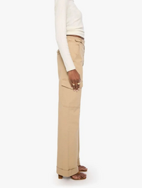 Side view of the Prep Tune Up Cargo Sneak Cuff in khaki by MOTHER with cuffed hems