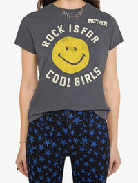 Front view of the Boxy Goodie Goodie Tee with yellow smiley graphic and "Rock Is for Cool Girls" text by MOTHER in charcoal