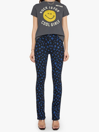 Full-length styling of the Boxy Goodie Goodie Tee with yellow smiley graphic in charcoal by MOTHER