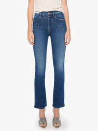Front view of the Buckle Bunny Hustler Skimp Jean in Cosmic Cowgirl by MOTHER with decorative stitching