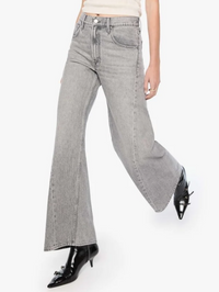 Front view of the Lemon Twist Sneak jeans in Rocky Road by MOTHER with flared hem
