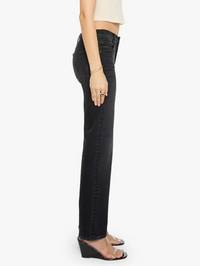 Side view of The Newbie Skimp Jean in Bootleg by MOTHER, featuring high-rise dark denim