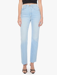 Front view of The Tippy Top Utensil Sneak Jean in Dots by MOTHER, light blue wash