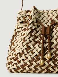 Close up of the braided drawstring and gold tips on the NAGHEDI Gramercy Bucket in Carmel.