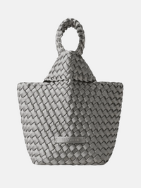 Front view of the Kyoto Clutch Satin in Graphite by NAGHEDI with woven interlaced pattern