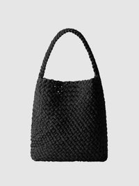 Front view of the Nomad Medium Hobo Double Weave Bag in jet by Naghedi with interlaced woven texture