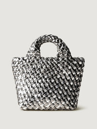 Front view of the NAGHEDI St. Barths Petit Tote Double Weave Metallic in Pewter, a silver woven mini tote.