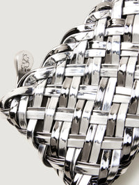 Detail of the matching woven metallic zippered pouch with the NAGHEDI St. Barths Petit Tote in Pewter.