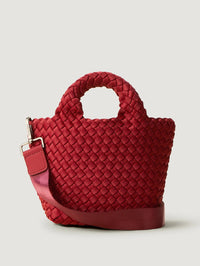 Front view of the NAGHEDI St. Barths Petit Tote in Rosso, a red woven neoprene mini tote with crossbody strap.