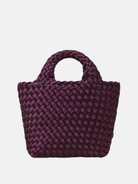 Front view of the St. Barths Petit Tote Satin in Bisou by NAGHEDI with woven interlaced pattern